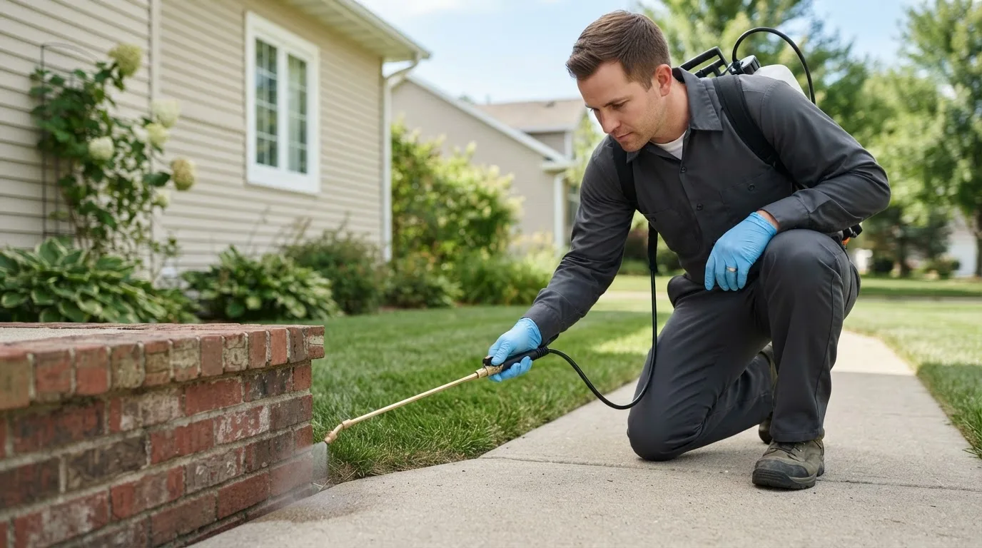 Pest control technician treating a home near New Bavaria, OH