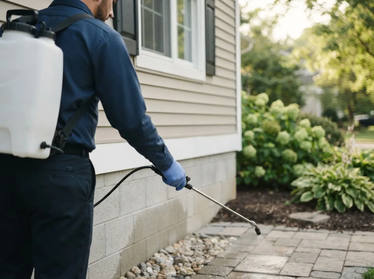 Pest control technician inspecting a home in New Bavaria, OH